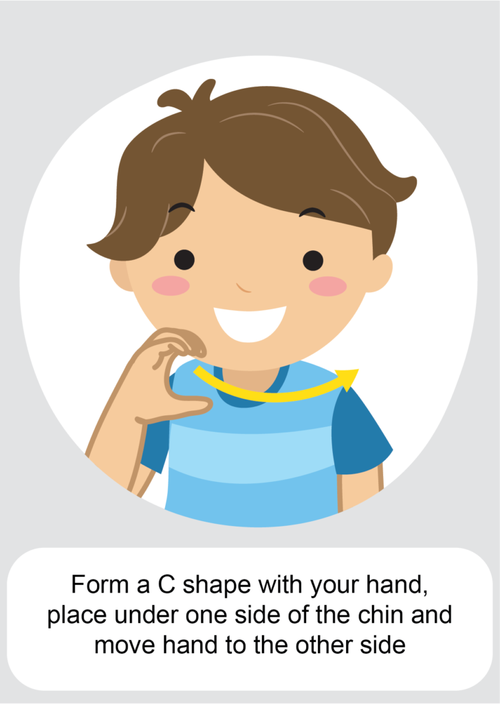 Key Word Sign Auslan for Cousin - form a c shape with your hand, place under one side of chin and move hand to the other side