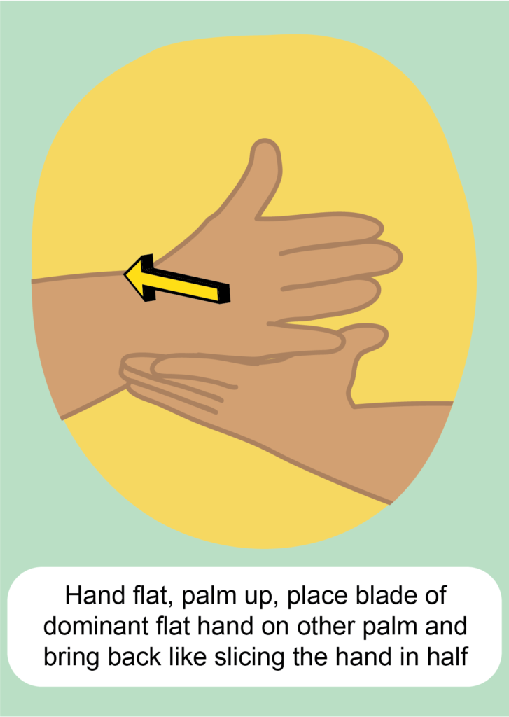 Key Word Sign Auslan for half - hand flat, palm up, place blade of dominant flat hand on other palm and bring back like slicing the hand in half