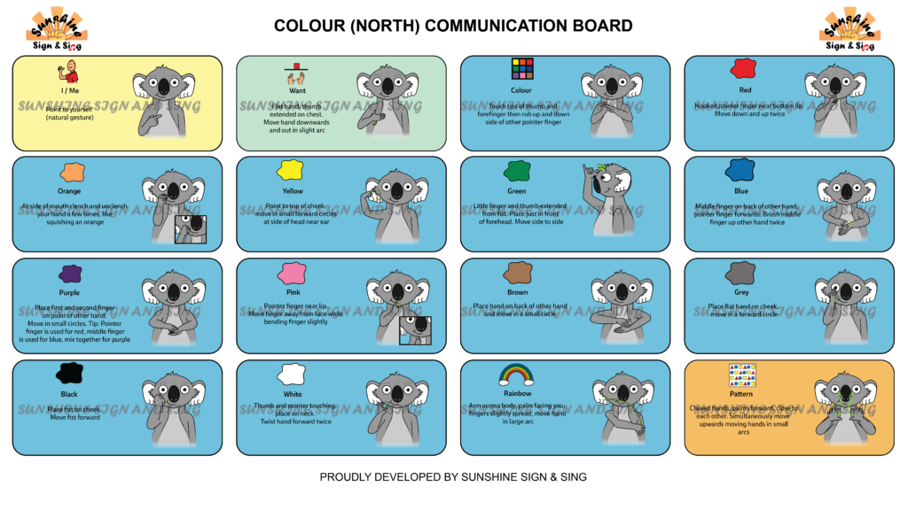 Colour Communication Board - AAC- Key Word Sign - Australia - Northern Colour Signs - Auslan - Sign Language