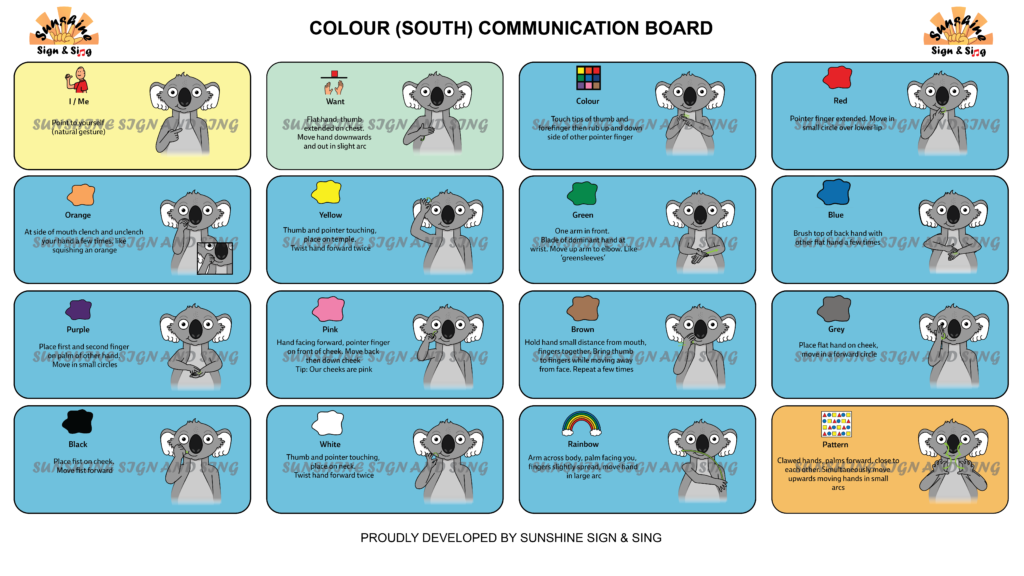 Colour Communication Board - Key Word Sign - AAC - Auslan - Sign Language