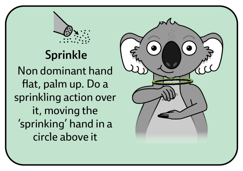 sign for sprinkle - key word sign.- auslan - craft communication board -AAC