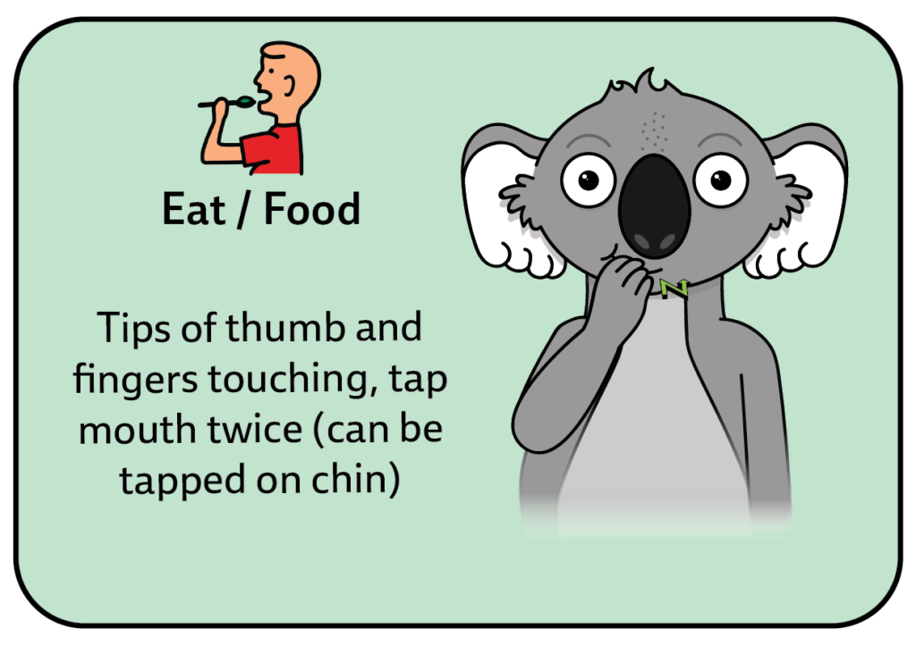 key word sign for eat - for the shop play AAC communication board - signs borrowed from Auslan - Australian Sign Language - Can also be used for baby sign