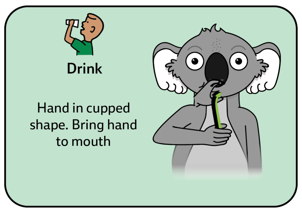 key word sign for drink - for the shop play AAC communication board - signs borrowed from Auslan - Australian Sign Language - Can also be used for baby sign