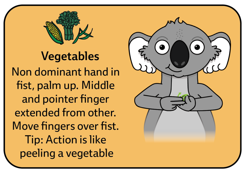 key word sign - sign for vegetables - Auslan - AAC - Shop Play Communication Board