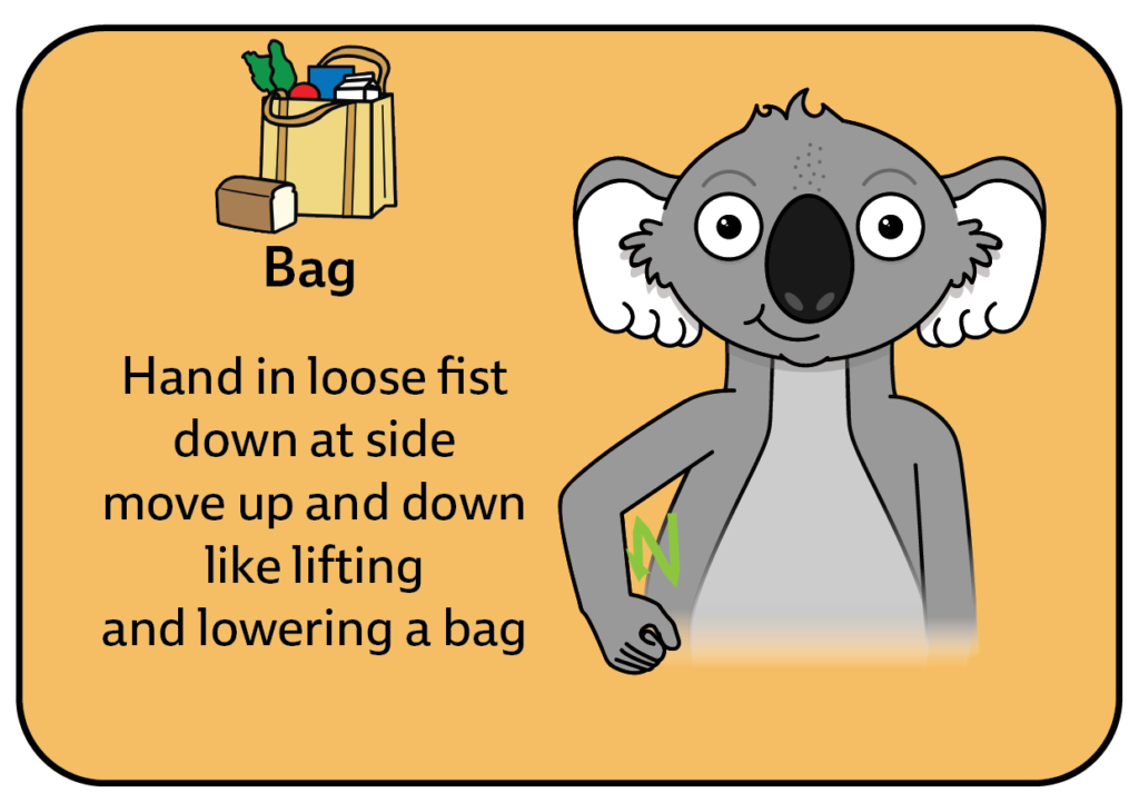 key word sign for bag - for the shop play AAC communication board - signs borrowed from Auslan - Australian Sign Language - Can also be used for baby sign