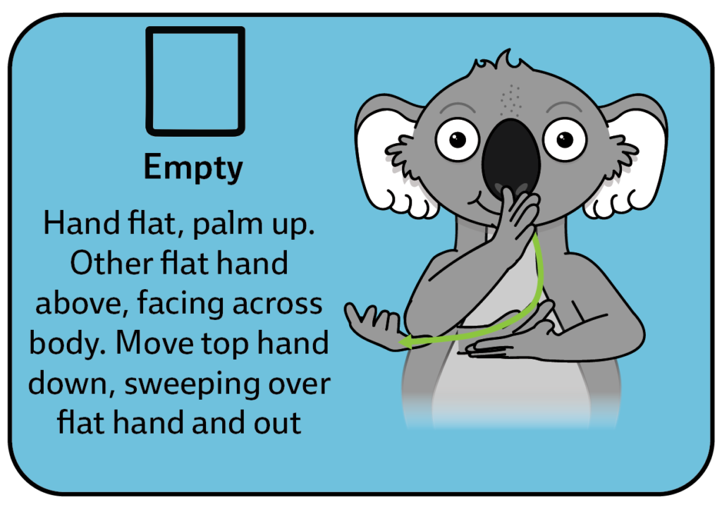 key word sign - sign for empty - auslan - water play AAC communication board